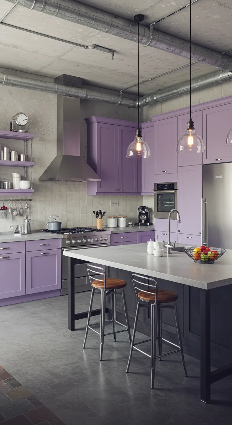 Industriële keuken met paarse kasten, RVS afzuigkap en betonnen details.