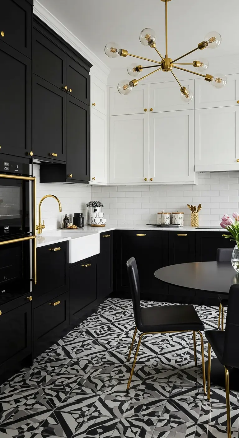 Zwart-witte keuken met gedurfde patroontegels, gouden kraan en gouden sputniklamp.