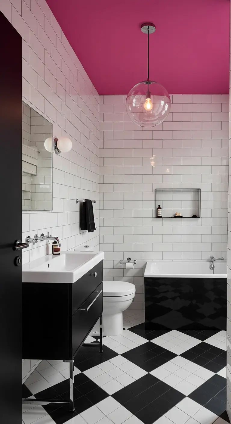 Badkamer met fuchsiaroze plafond, witte metrotegels en zwart-witte dambordvloer.