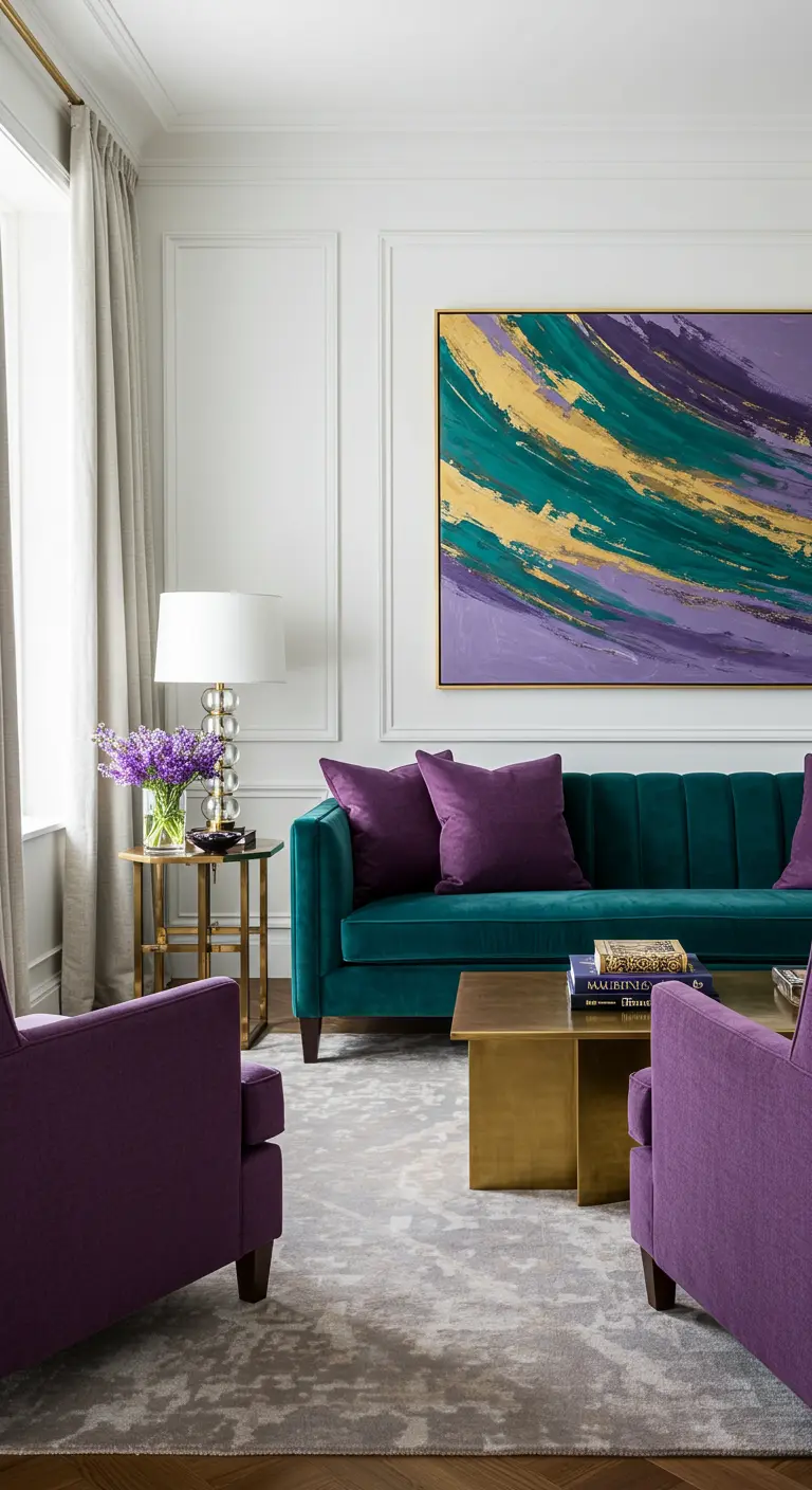 Gedurfde woonkamer met teal bank, paarse stoelen, goudkleurige tafel en groot abstract schilderij.