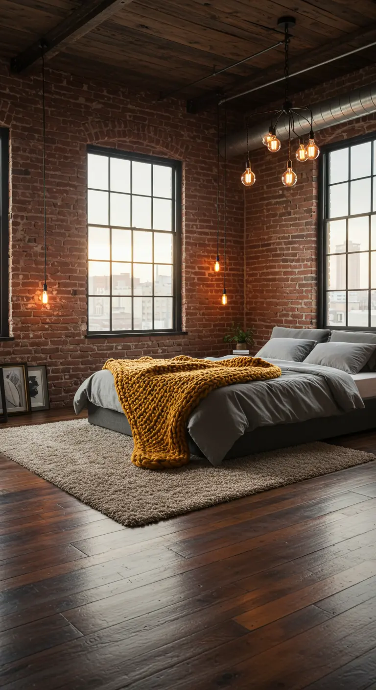Loft-slaapkamer met bakstenen muur, een groot vloerkleed en een dik geel deken op bed.