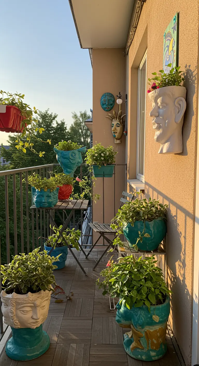 Balkon met diverse artistieke plantenpotten in de vorm van hoofden en gezichten.