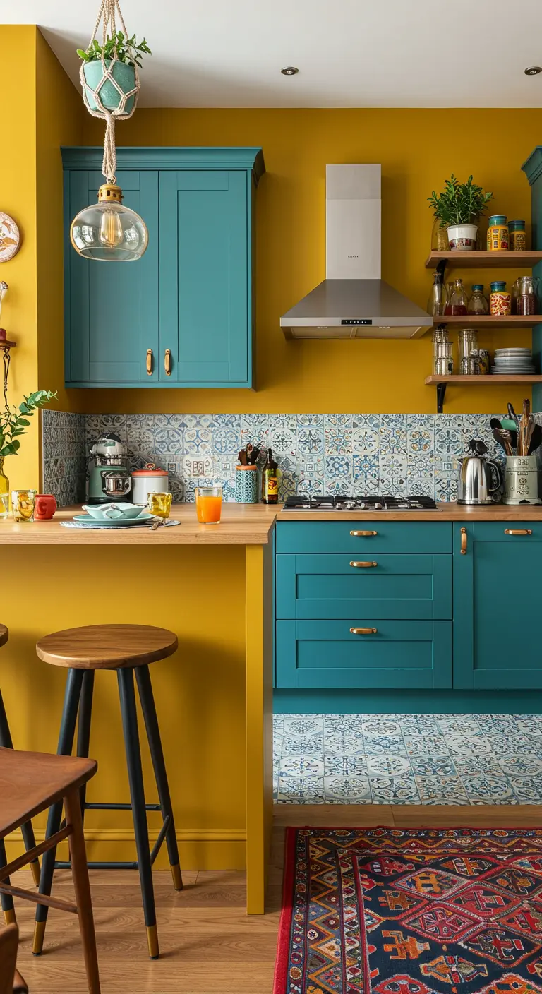 Eclectische keuken met blauwgroene kasten, okergele muur en Portugese tegels.