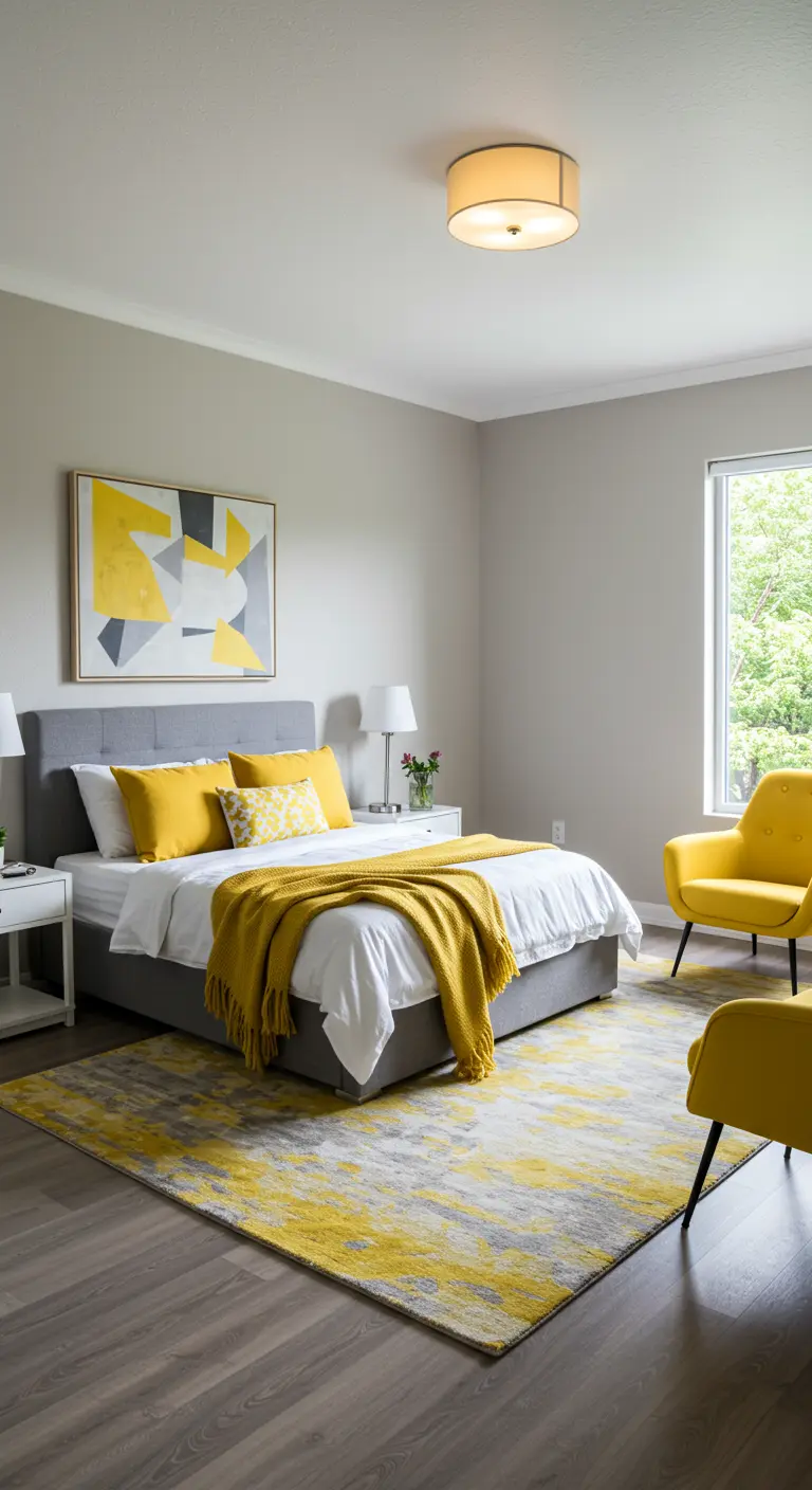 Moderne slaapkamer met grijze basis en gele accenten in textiel en kunst.