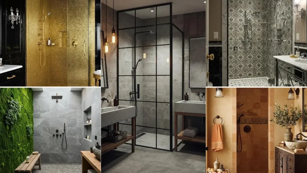 Collage van 6 luxe douchecabines voor inspiratie. Stijlvol en geen bad nodig!