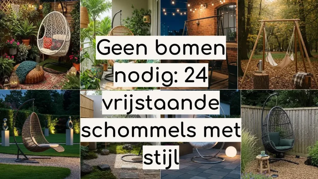Collage van 6 stijvolle, vrijstaande schommels: hangstoelen en houten frame, zonder bomen nodig.
