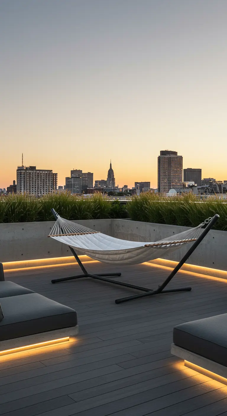 Witte hangmat op standaard op een modern dakterras met stadszicht bij zonsondergang.