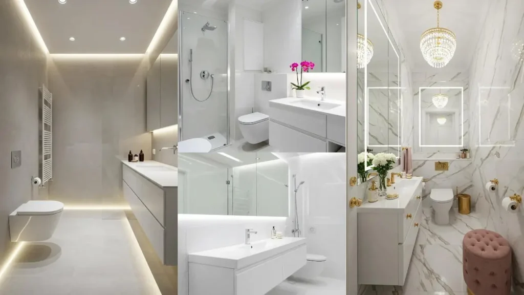 Lichte en luchtige badkamers zonder ramen, met slimme verlichting en witte tinten.