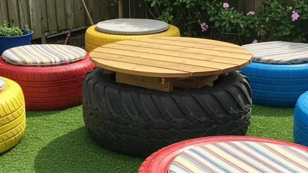 Creatieve tuinset gemaakt van kleurrijke autobanden. Originele, duurzame zitoplossing voor de tuin.