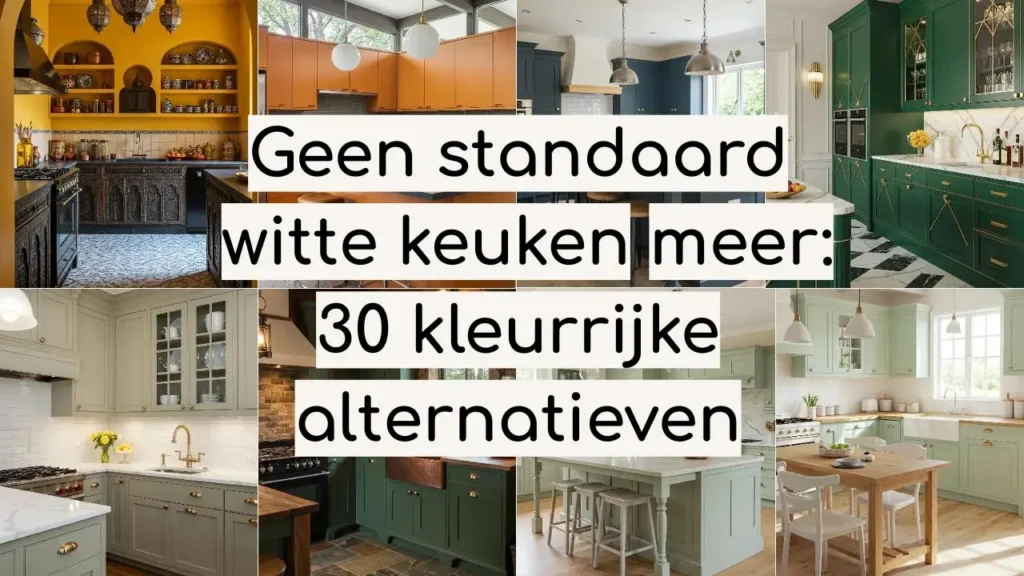 Collage van 8 kleurrijke keuken ontwerpen, alternatieven voor de standaard witte keuken.