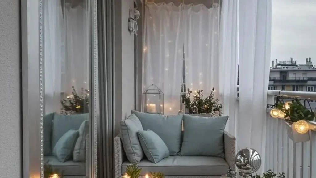 Gezellig balkon met kussen, lantaarn, sfeerverlichting en spiegel. Tips om jouw balkon knus te maken.
