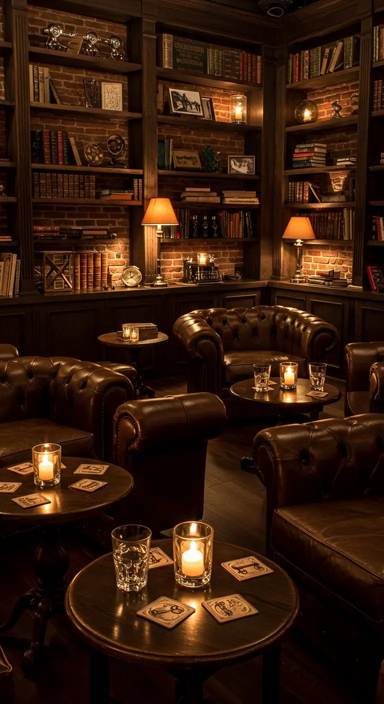 Donkere, gezellige lounge met lederen fauteuils, boekenkasten, schemerlampen en kaarslicht.