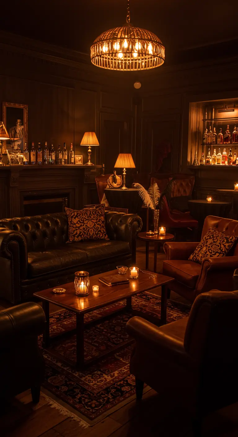Donkere, sfeervolle woonkamer ingericht als speakeasy bar met leren meubels.