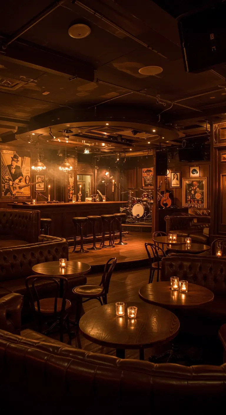 Sfeervolle speakeasy jazzclub met donker hout en gedimd licht.