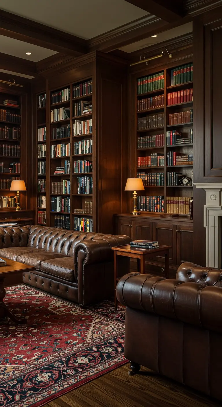 Hoge, donkerhouten boekenkast waarin een deur verborgen is, in een klassieke bibliotheeksetting.