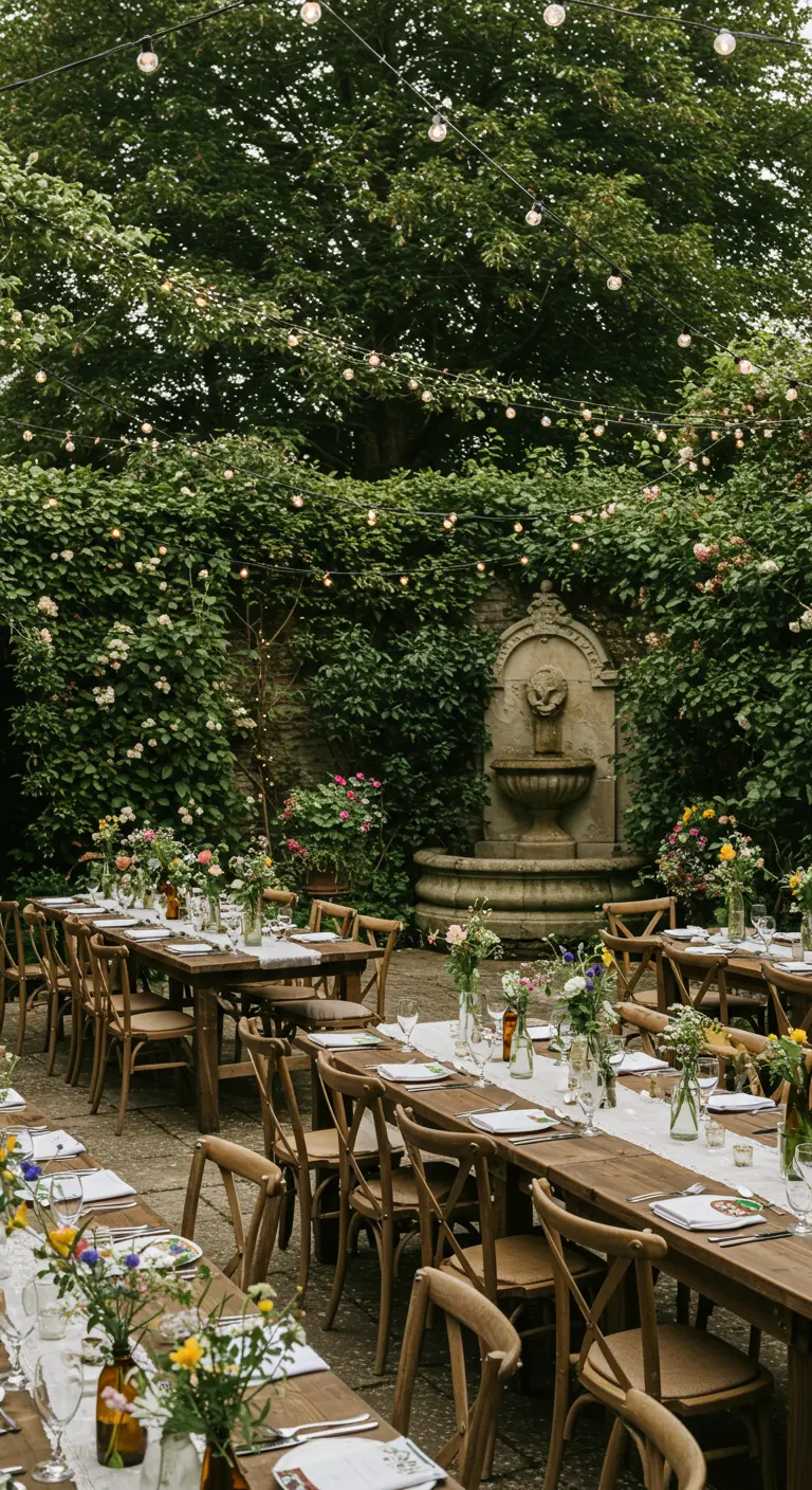 Buiten bruiloft op binnenplaats met houten tafels, wilde bloemen, klimop en stringlights.
