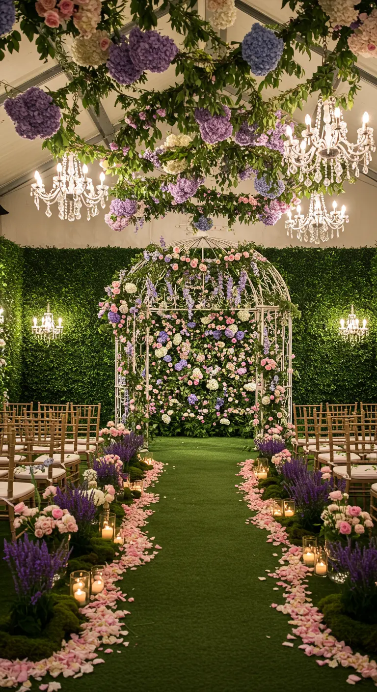 Binnenceremonie in 'geheime tuin'-stijl met overdadige bloemen, groen en kaarslicht.