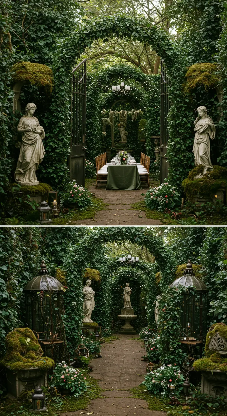 Intieme eettafel in een weelderig begroeide 'geheime tuin' met standbeelden.