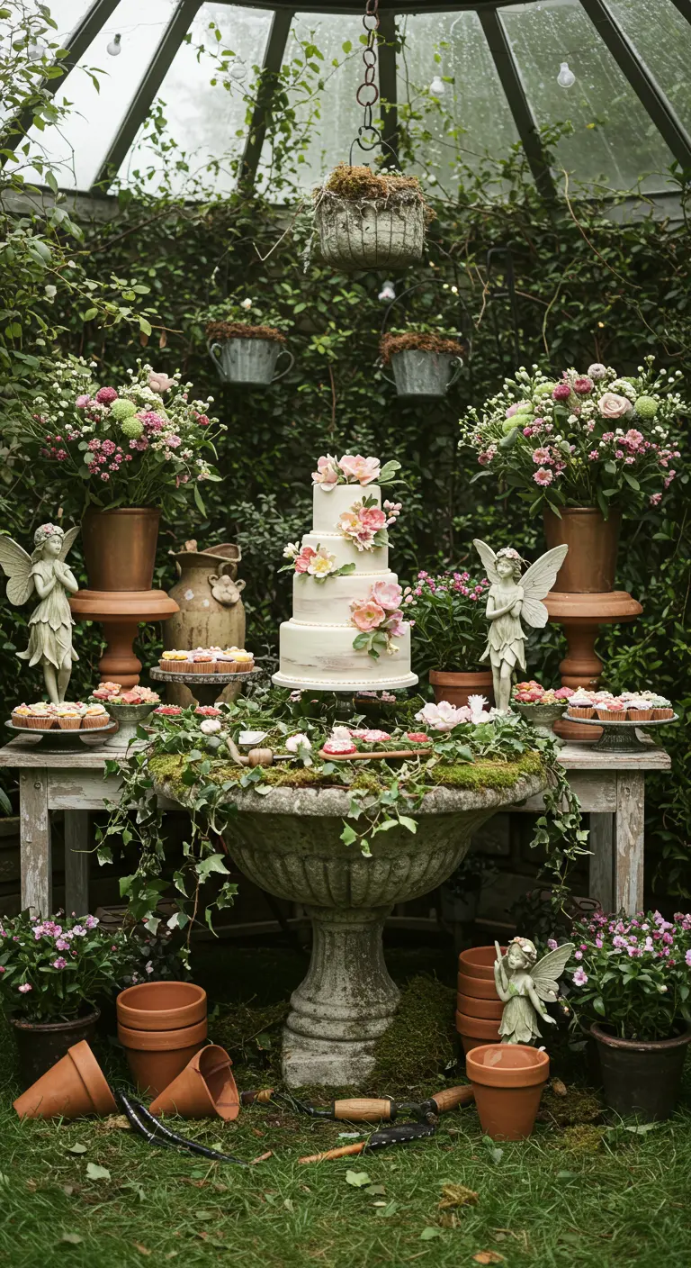 Taarttafel in een kas of tuin met feeënbeeldjes, mos, bloemen en een klassieke taart.
