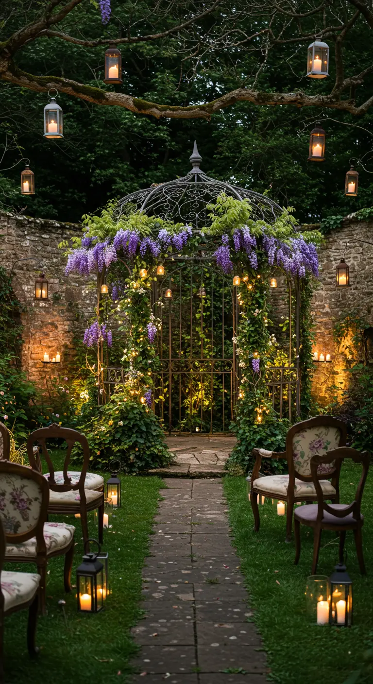 Geheime tuin ceremonie met hangende lantaarns, begroeid prieel en vintage stoelen.