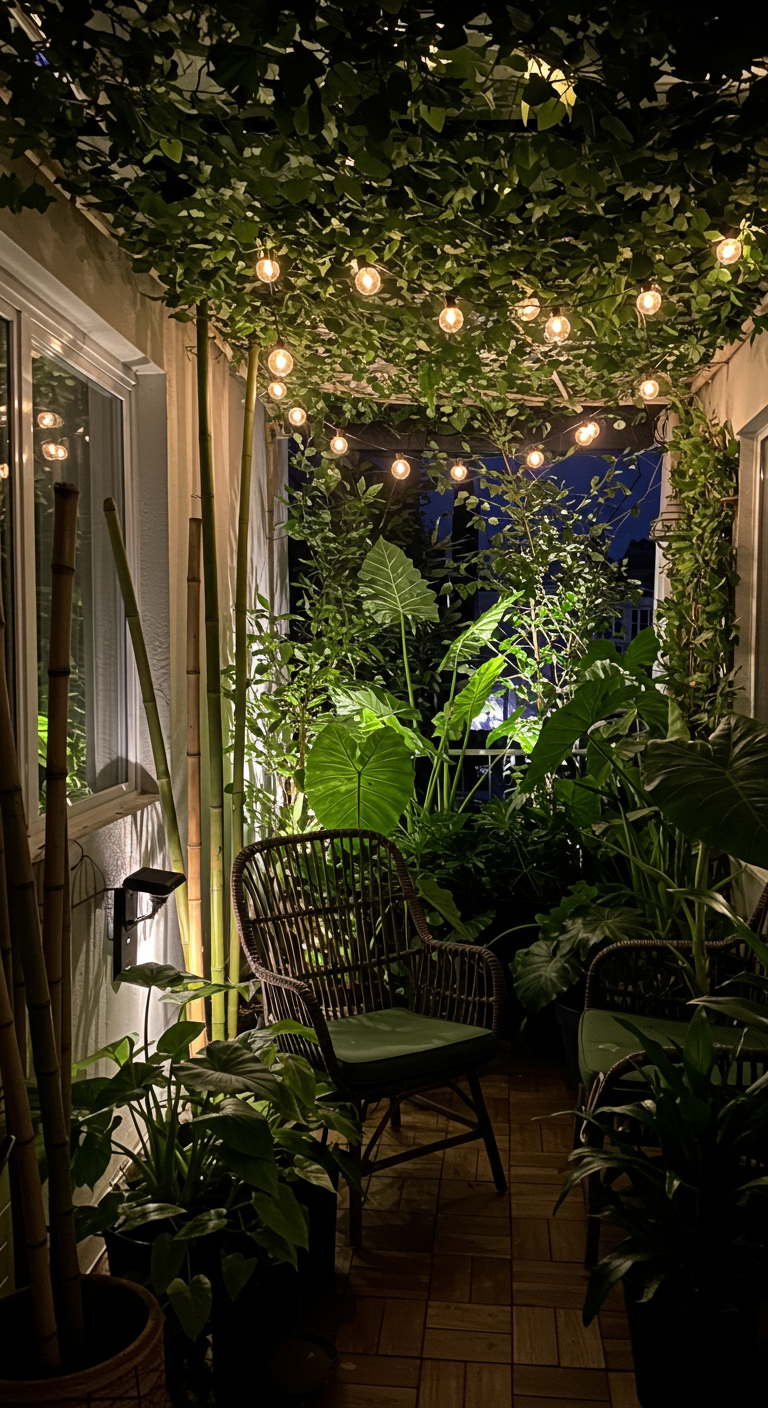 Smal, sfeervol verlicht balkon 's avonds, vol met groene planten, bamboe en rotan stoelen.