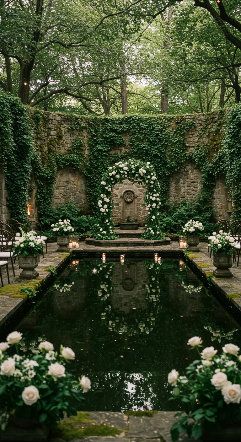 Romantische tuinsetting met reflecterende vijver en overvloedige witte rozen.