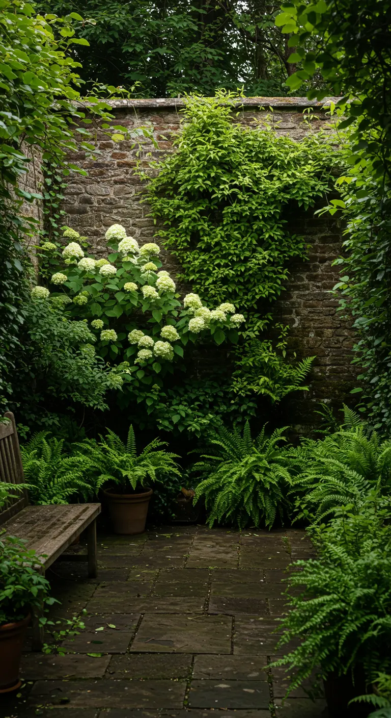 Verborgen binnenplaats met bakstenen muren begroeid met klimhortensia en varens.