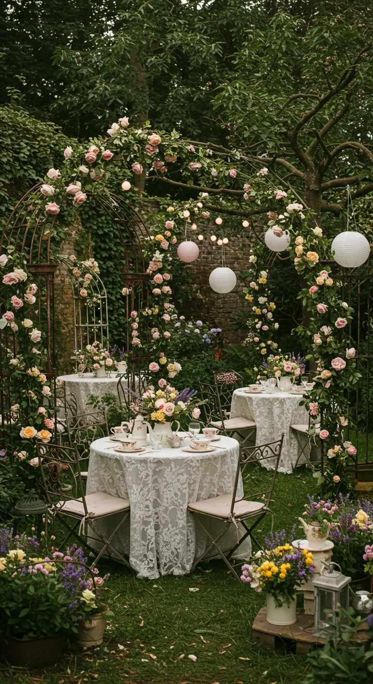 Romantische tuinsetting met rozenbogen, lampionnen en kanten tafelkleden.