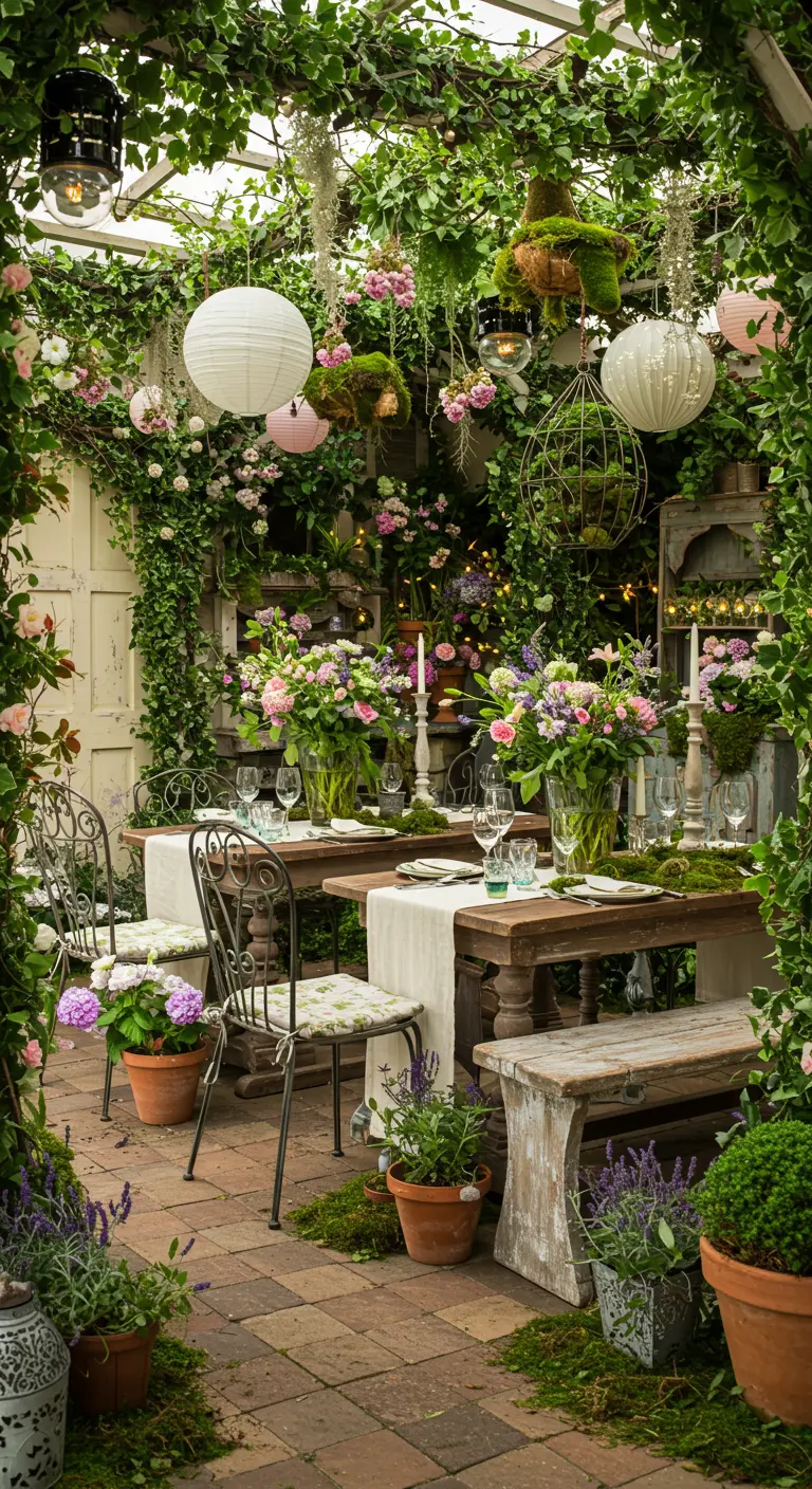 Weelderige geheime tuin eetsetting met overvloedige bloemen, planten en lampionnen.