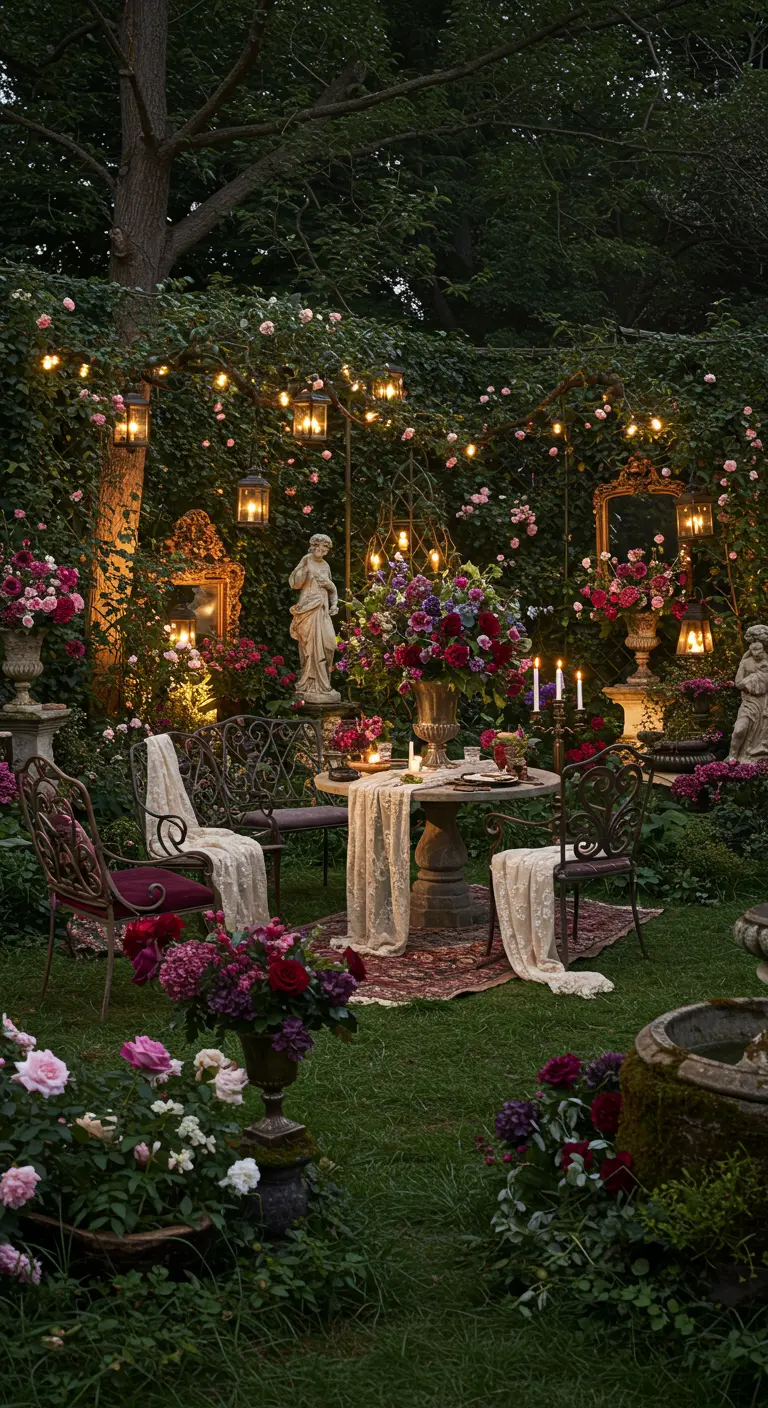 Romantische tuin 's avonds met beelden, veel bloemen, kaarsen en lichtslingers.