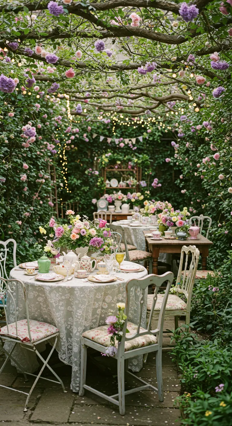Geheime tuin met bloemenpergola, lichtslingers en vintage theeserviezen op gedekte tafels.