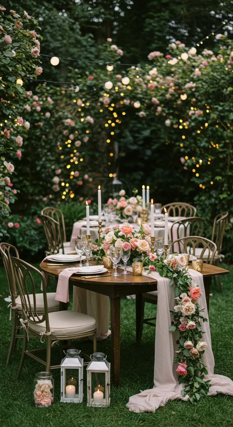Romantische tuintafel met lange rozen guirlande, kaarsen en lantaarns.