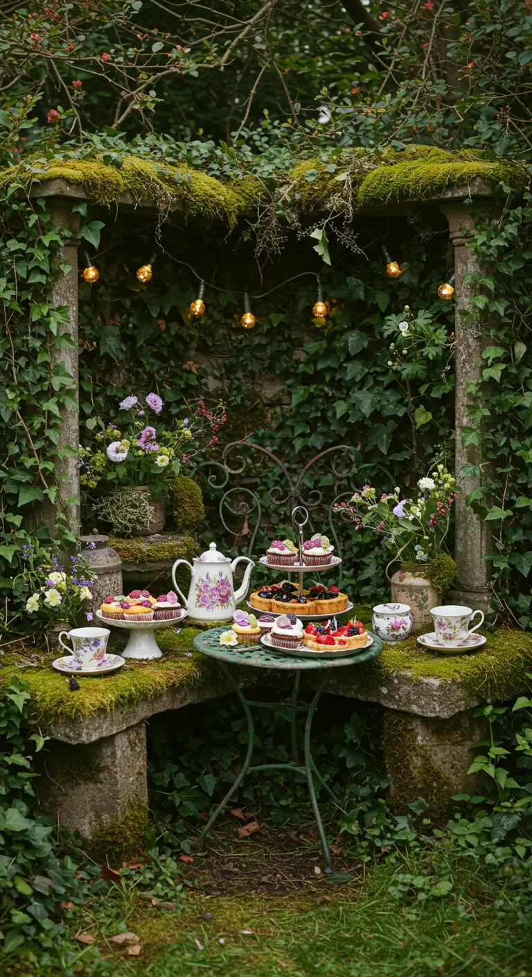 Geheime tuin dessertsetting met mos, klimop, fairy lights en vintage servies.