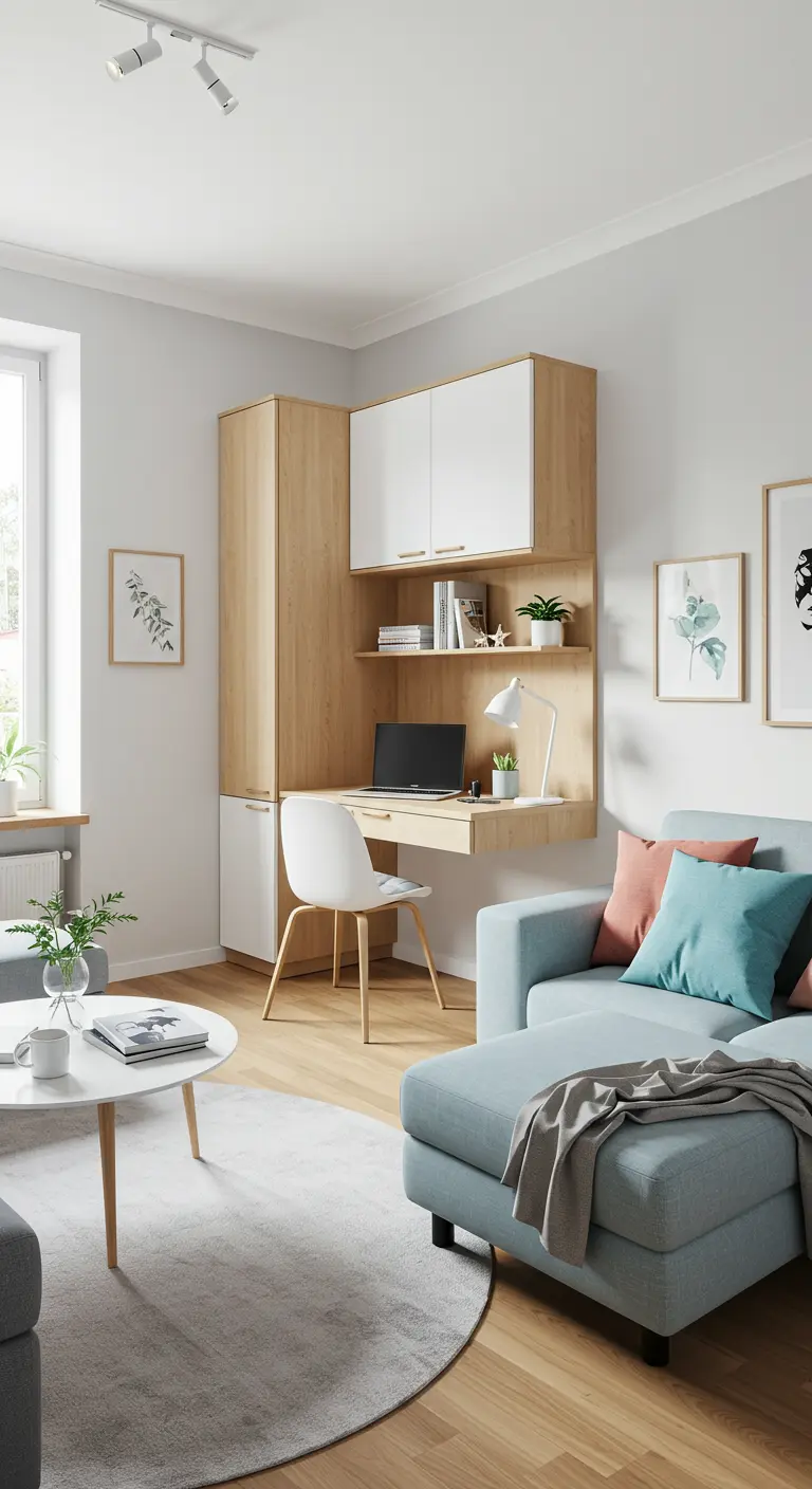 Lichte woonkamer met een compacte, ingebouwde thuiswerkplek-unit van hout en wit.