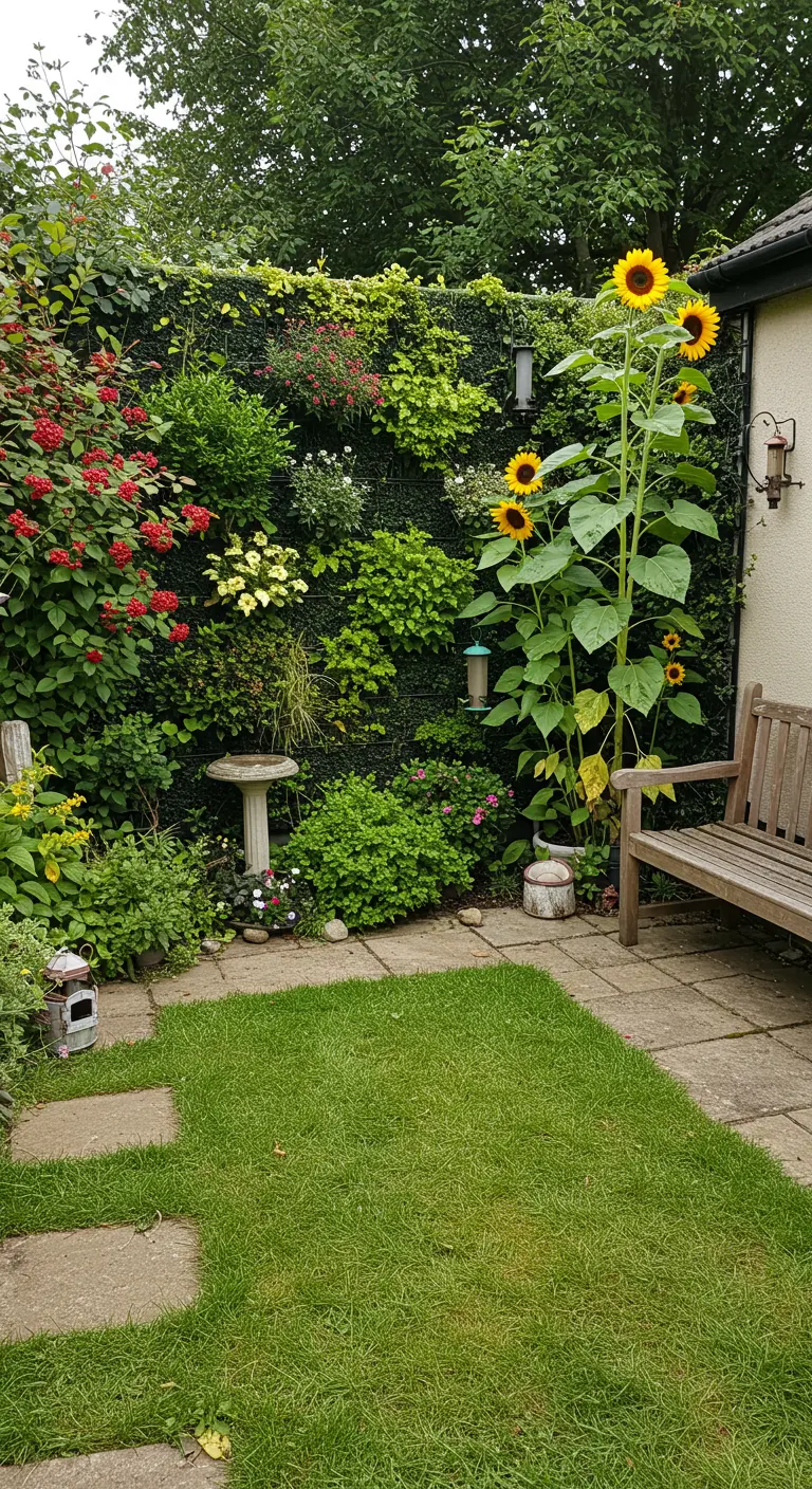Tuinmuur begroeid met diverse planten, klimmers, zonnebloemen, vogelhuisjes en een houten bank.