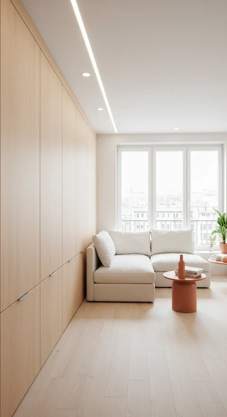 Woonkamer met ingebouwde houten kastenwand, witte hoekbank en terracotta bijzettafel.