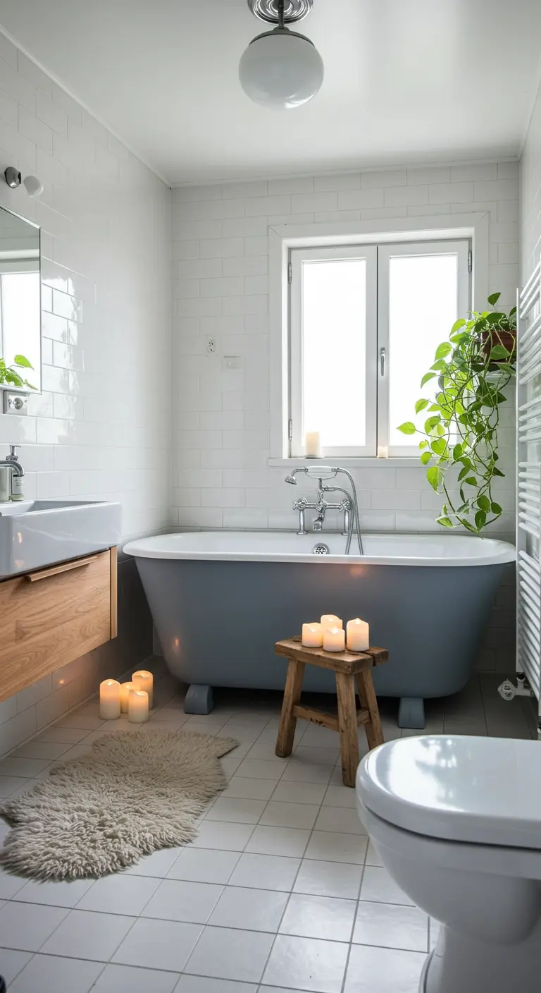 Wit betegelde badkamer met een vrijstaand bad in een grijsblauwe kleur, omringd door kaarsen.