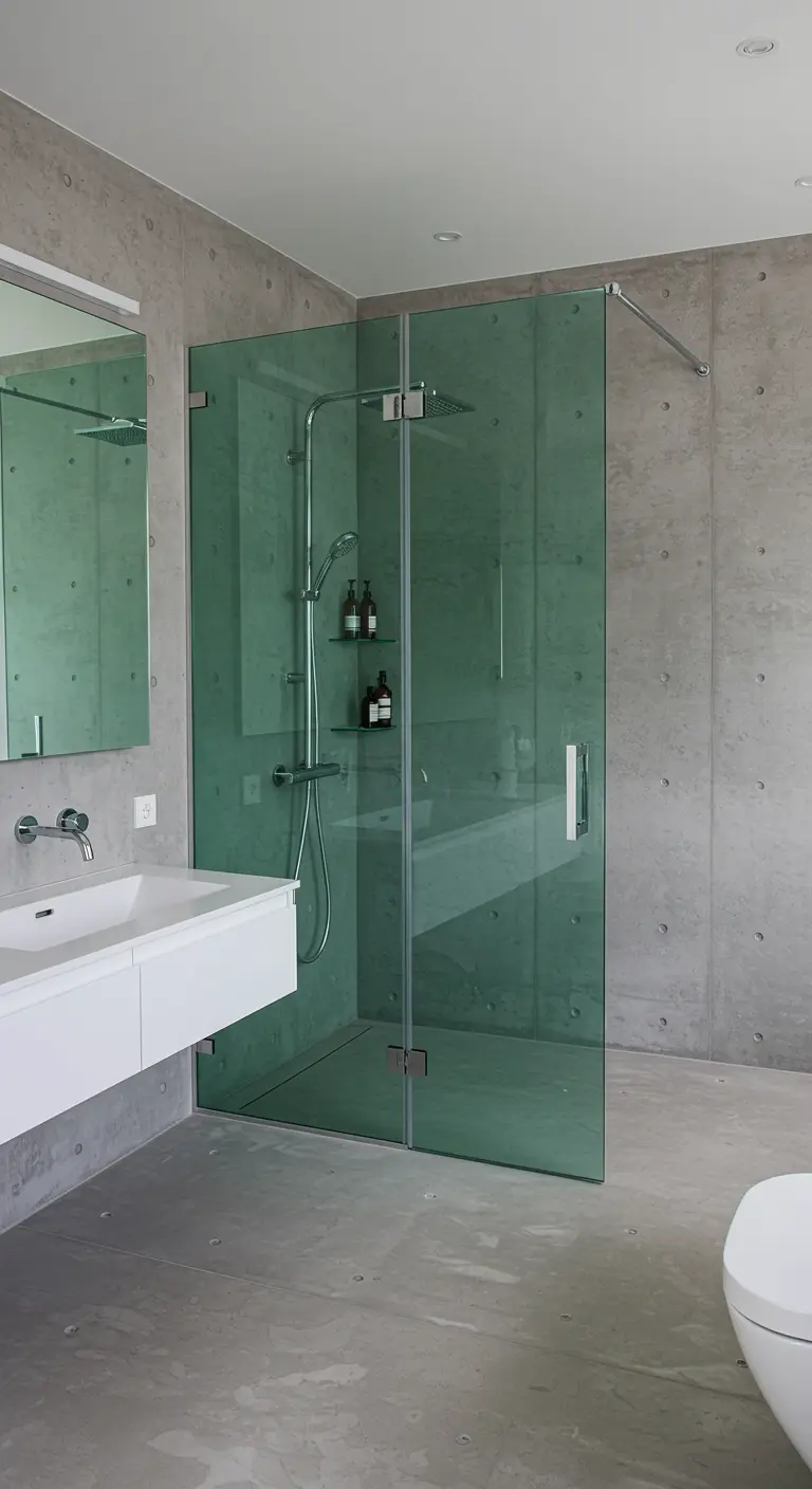 Moderne badkamer met een douchewand van groen getint glas en betonlook muren.