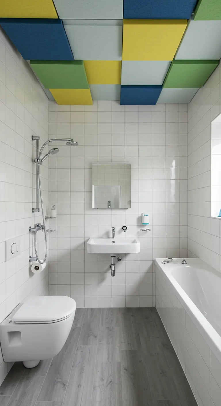 Witte badkamer met gekleurde akoestische panelen op het plafond.