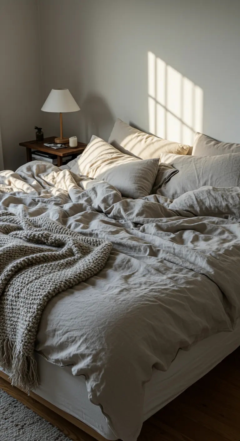 Bed met lichtgrijs gekreukt linnen beddengoed en een gebreide plaid, zonlicht valt in de kamer.