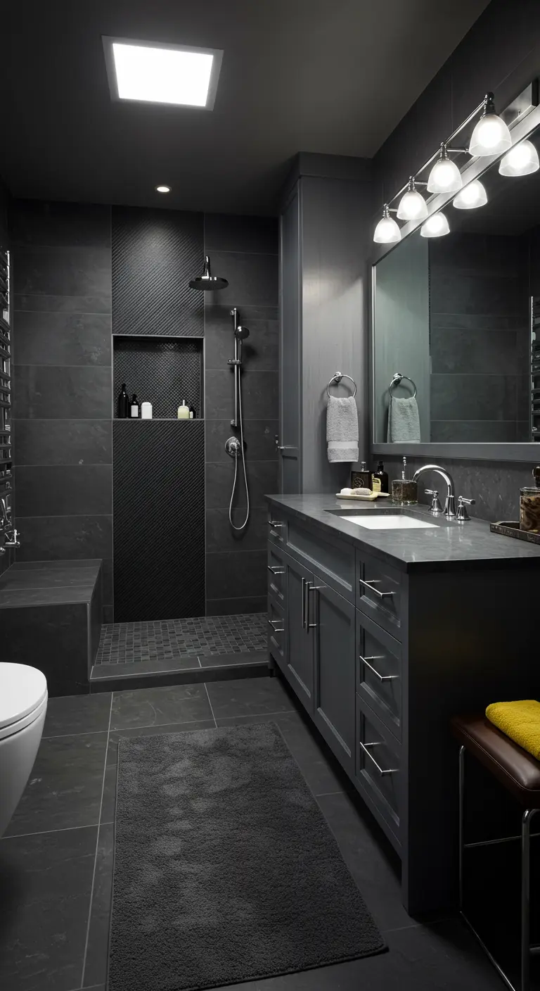 Donkergrijze badkamer met getextureerde tegels in de douche en moderne meubels.