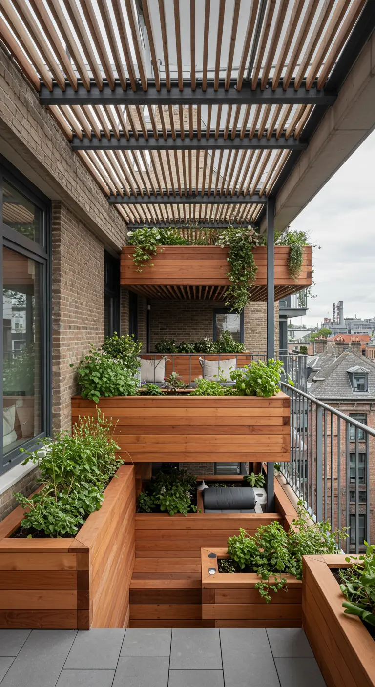 Balkon met houten pergola en gelaagde houten plantenbakken vol groen, ingebouwde zithoek.