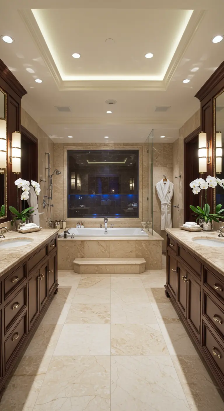 Luxe badkamer met symmetrische opstelling, meerdere lichtbronnen, en raam achter het bad.