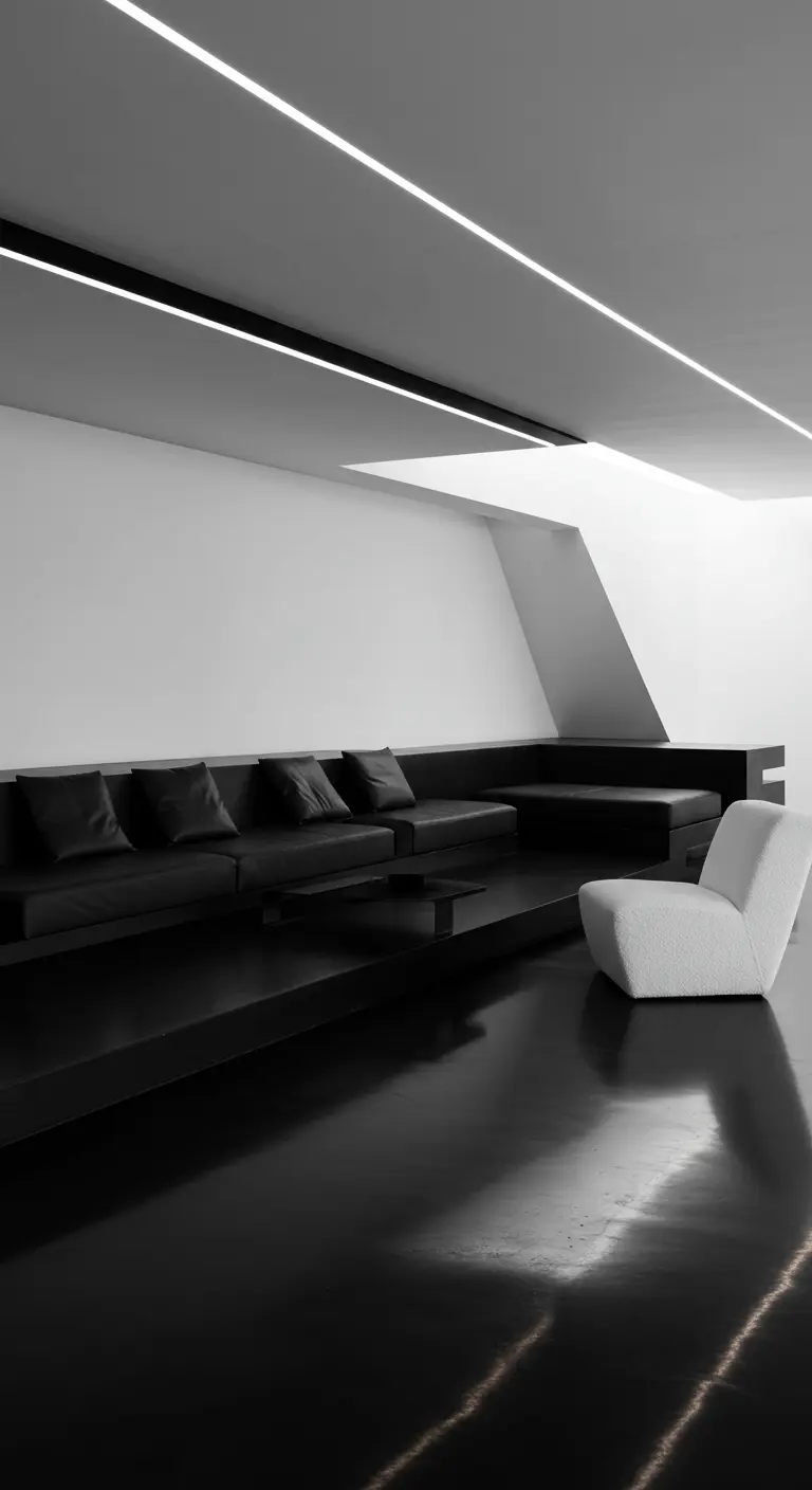 Minimalistische zwart-wit woonkamer met verhoogd zwart platform en lage banken.