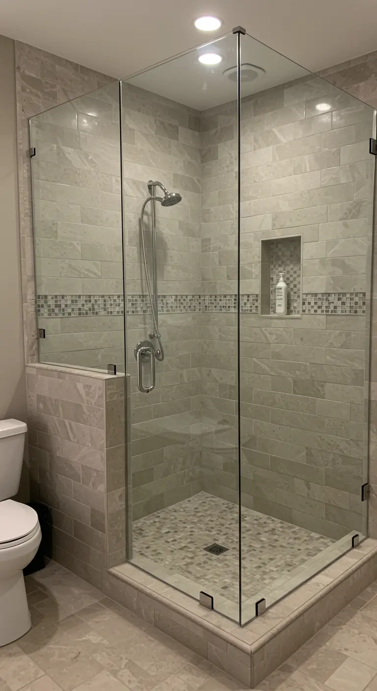Badkamer met halfhoge muur met glazen opzetstuk voor de douche.
