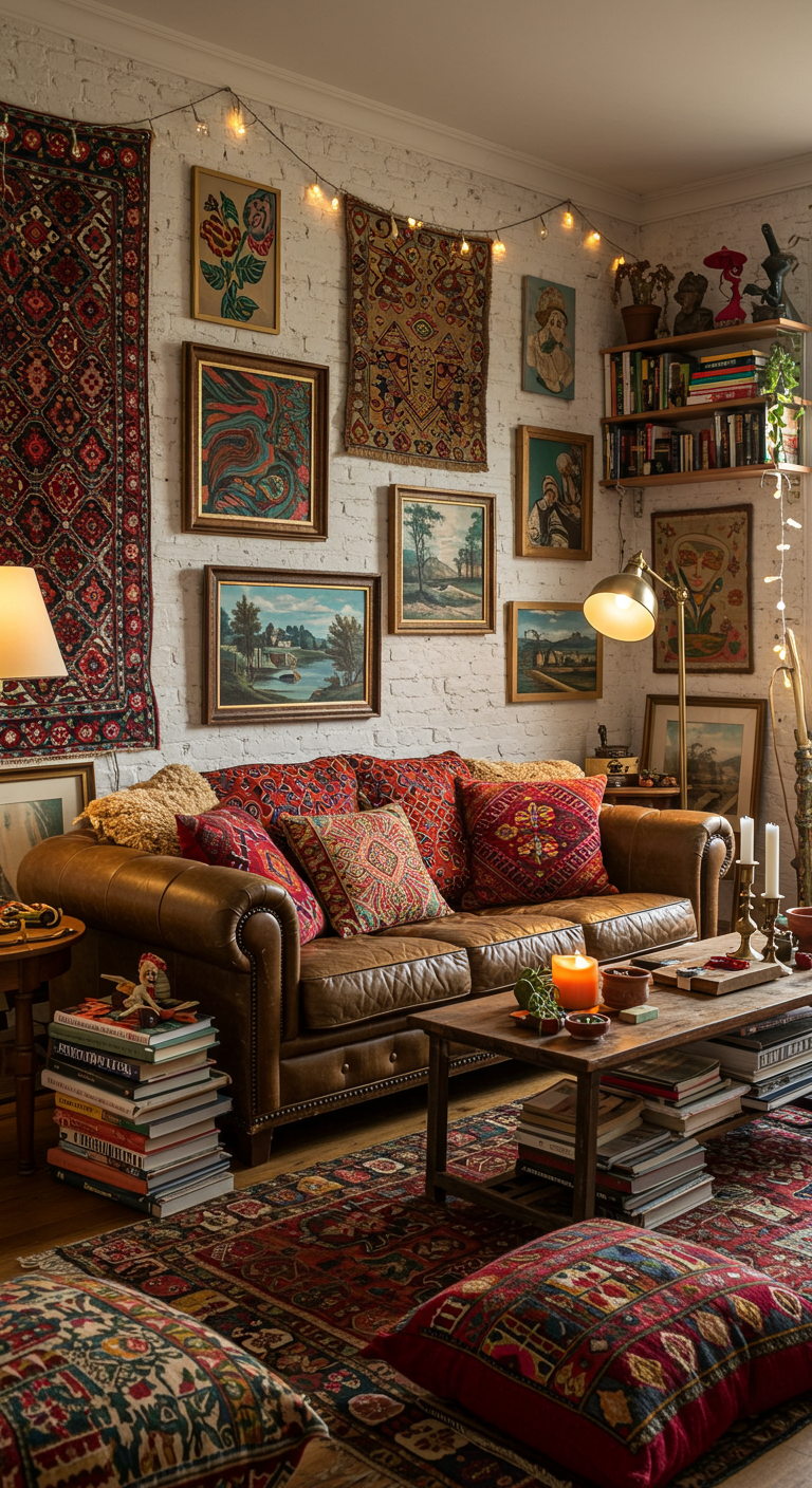 Bohemian woonkamer met leren bank, kleurrijke kussens en een gallery wall met diverse kunst en textiel.