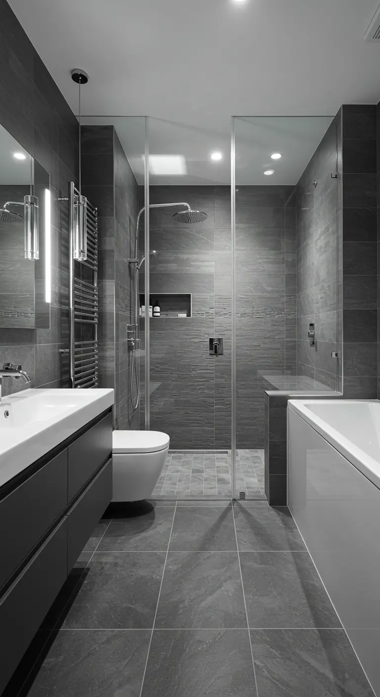 Moderne grijze badkamer met inloopdouche, getextureerde wandtegels en glazen wand.