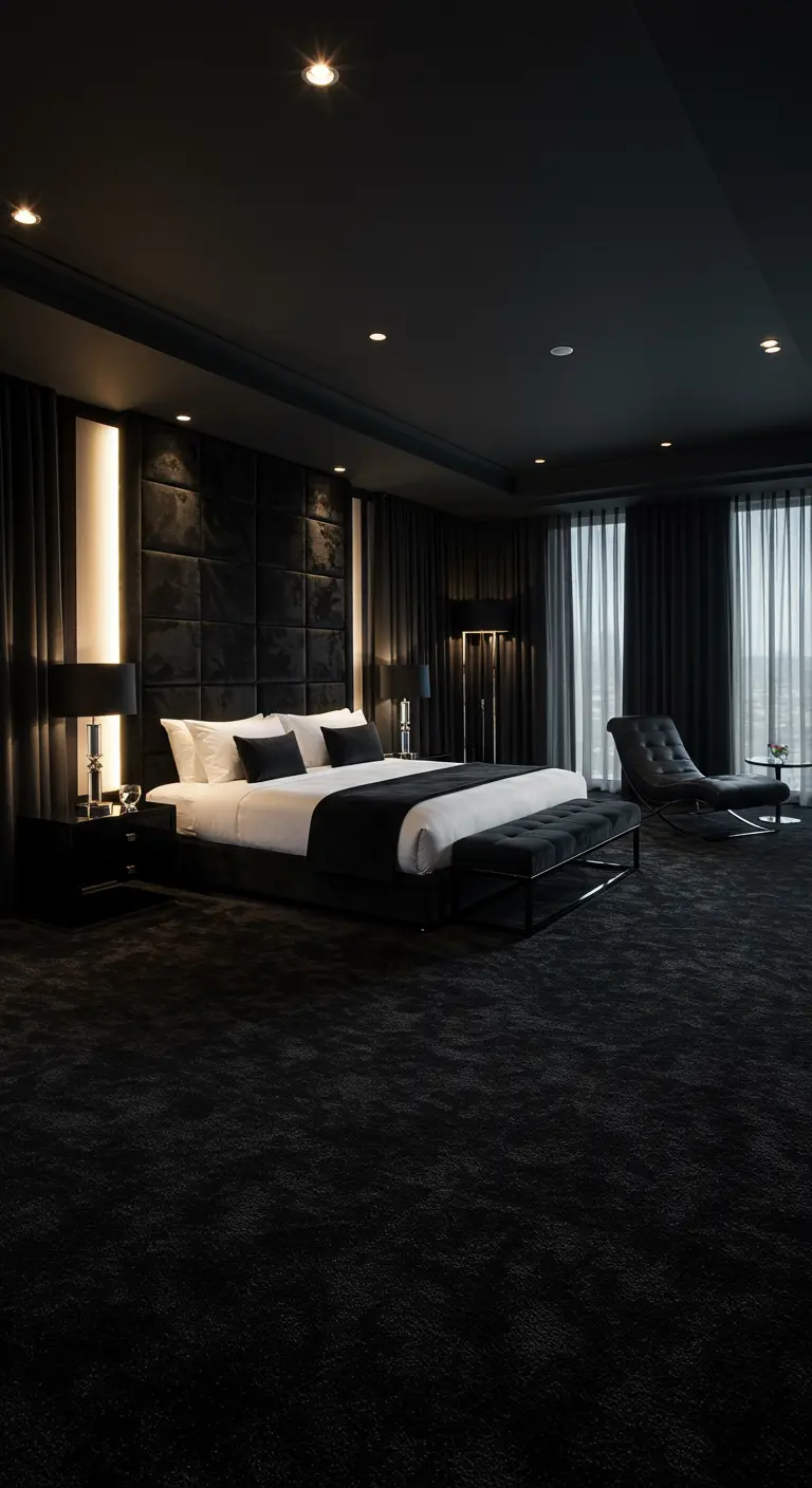 Donkere, luxe slaapkamer met zacht tapijt, gestoffeerd hoofdbord en gelaagde verlichting.