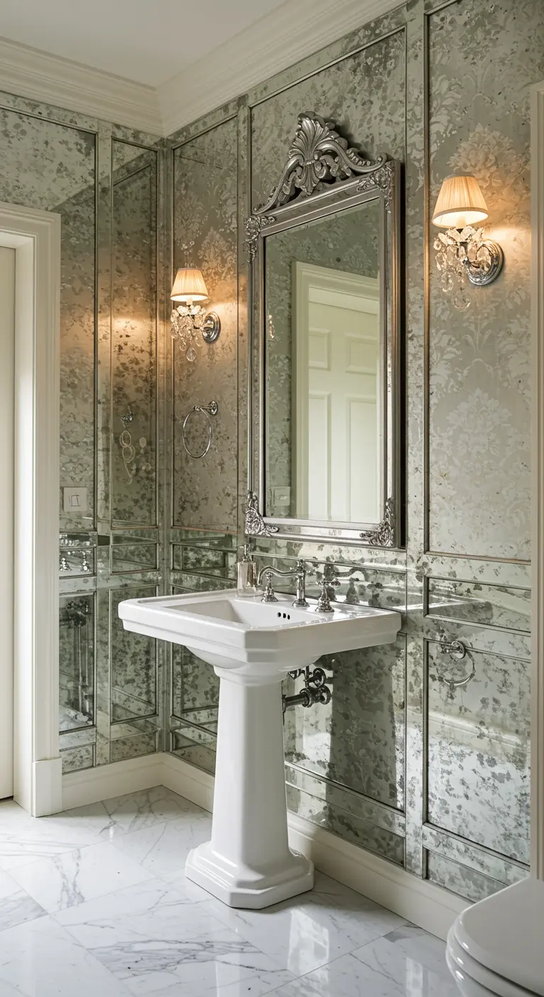 Klassieke badkamer met antieke spiegeltegels en sierlijke spiegel erboven.