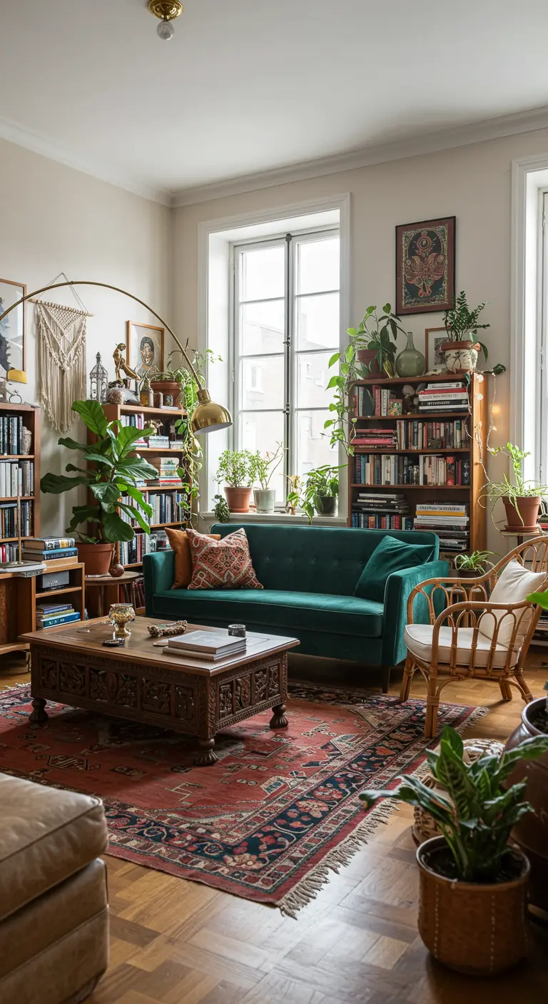 Boho woonkamer met donkergroene fluwelen bank, veel boeken, planten en Perzisch tapijt.